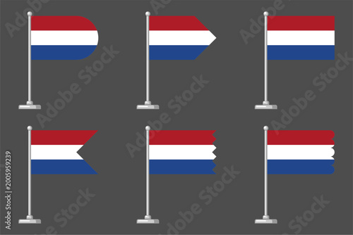 Netherlands flag icons set, flat vector illustration featuring Dutch national colors in various geometric shapes on poles, European country symbol for travel, education, and international business. Free Download Netherlands flag icons set, flat vector illustration featuring Dutch national colors in various geometric shapes on poles, European country symbol for travel, education, and international business. - GFXLoad