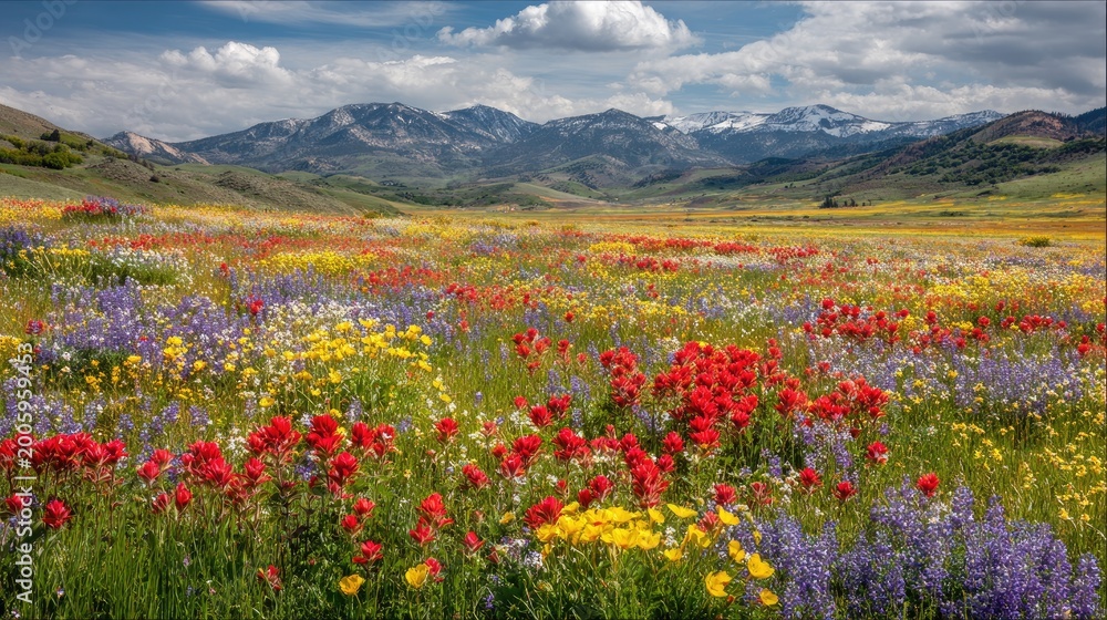 Obraz premium Vivid mountain valley awash with diverse wildflowers under a bright sky