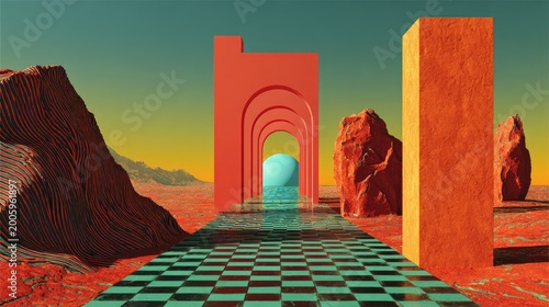 Surreal Desert Landscape with Arches and Checkerboard Path.