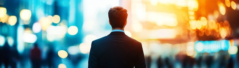 Man in suit observing urban skyline business professional's cityscape view, professional gazes at city contemplating business and urban landscape.