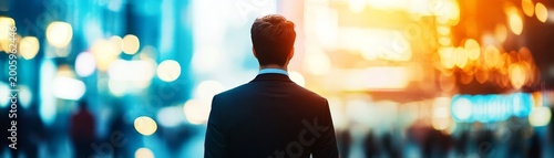 Man in suit observing urban skyline business professional's cityscape view, professional gazes at city contemplating business and urban landscape.
