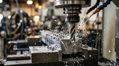 Industrial CNC milling machine cutting metal with flying sparks and coolant