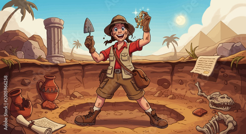Tableau sur toile Excited young archaeologist girl unearthing ancient artifacts at a desert dig site