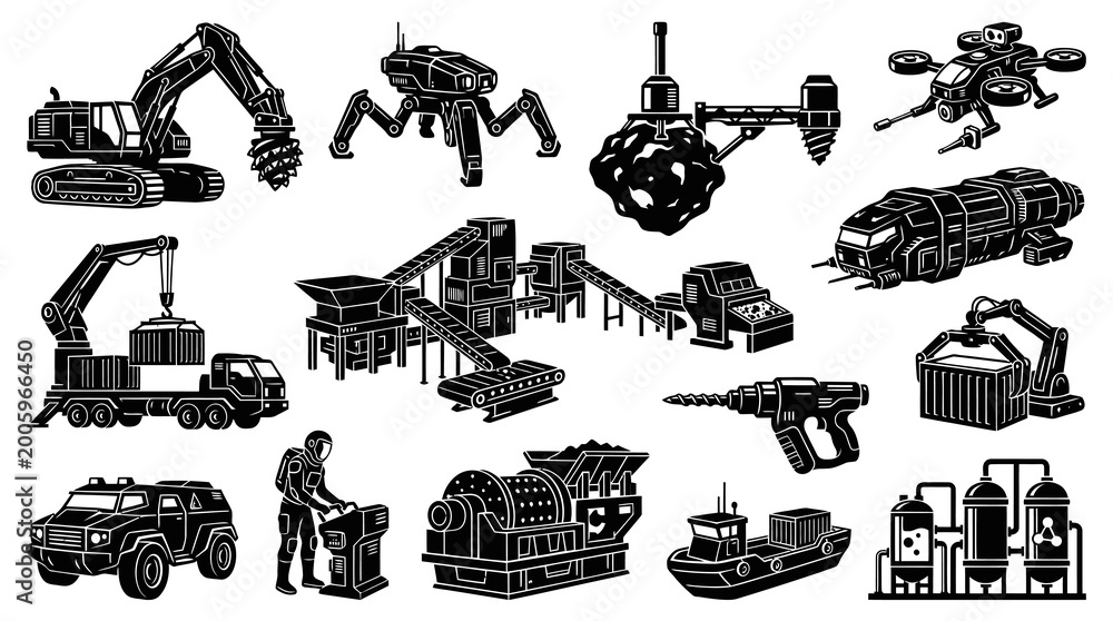 Obraz premium Industrial Mining Logistics Future Tech Machinery Black White Glyph Icons