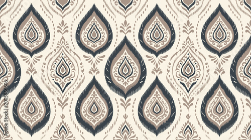 Tableau sur toile Intricate beige and blue paisley teardrop pattern with seamless repeating motif for textiles and wallpapers