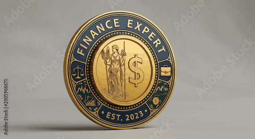 Schilderij op canvas A 3D gold and blue commemorative coin with Finance Expert text and economic symbols