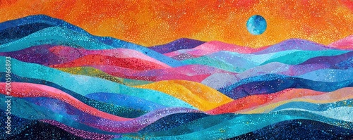 Vibrant Abstract Landscape with Swirling Colors and Celestial Orb.