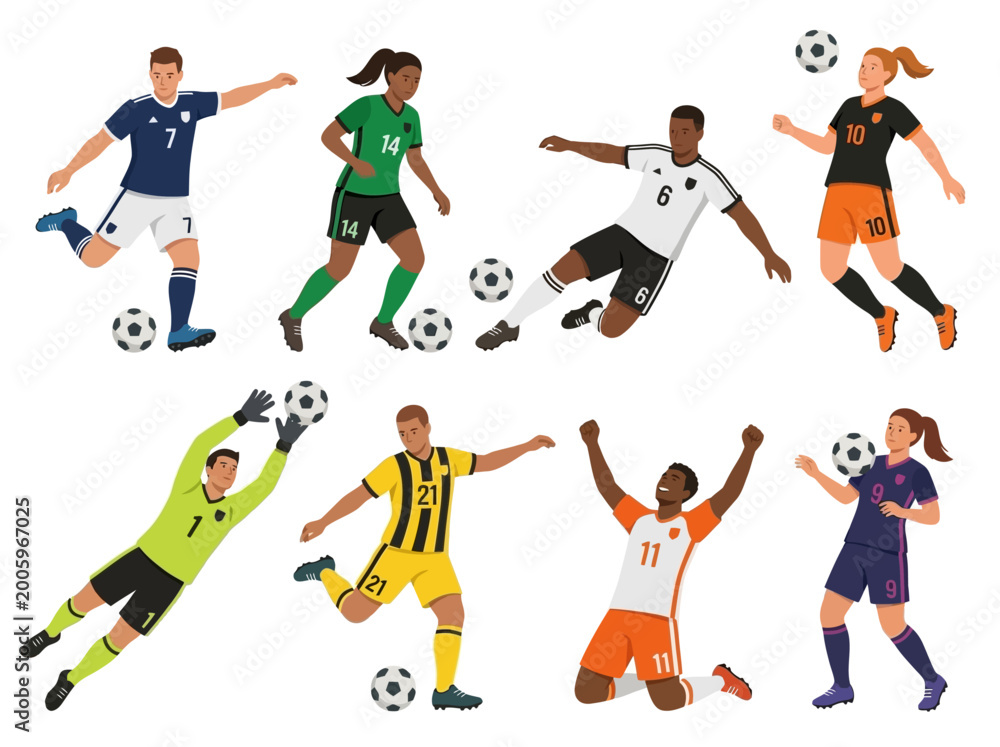 Fototapeta premium Dynamic Illustration of Soccer Players Performing Various Actions on the Field