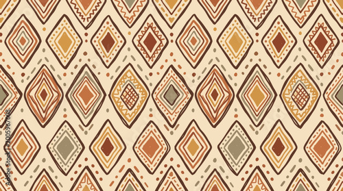 Geometric diamond pattern with warm earth tones and repeating motifs suitable for textiles and backgrounds.