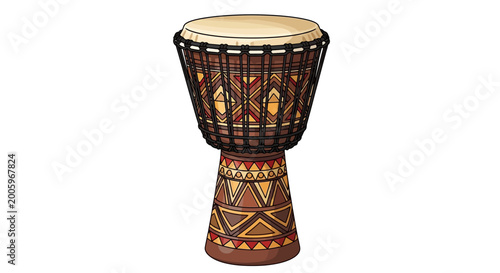 An illustration of a traditional African djembe drum with intricate geometric patterns.