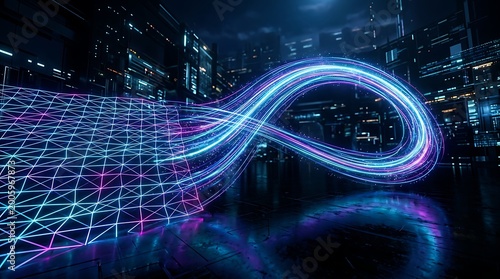 Futuristic Digital Data Flow in Neon Cyber City with Light Trails and Technological Skyline