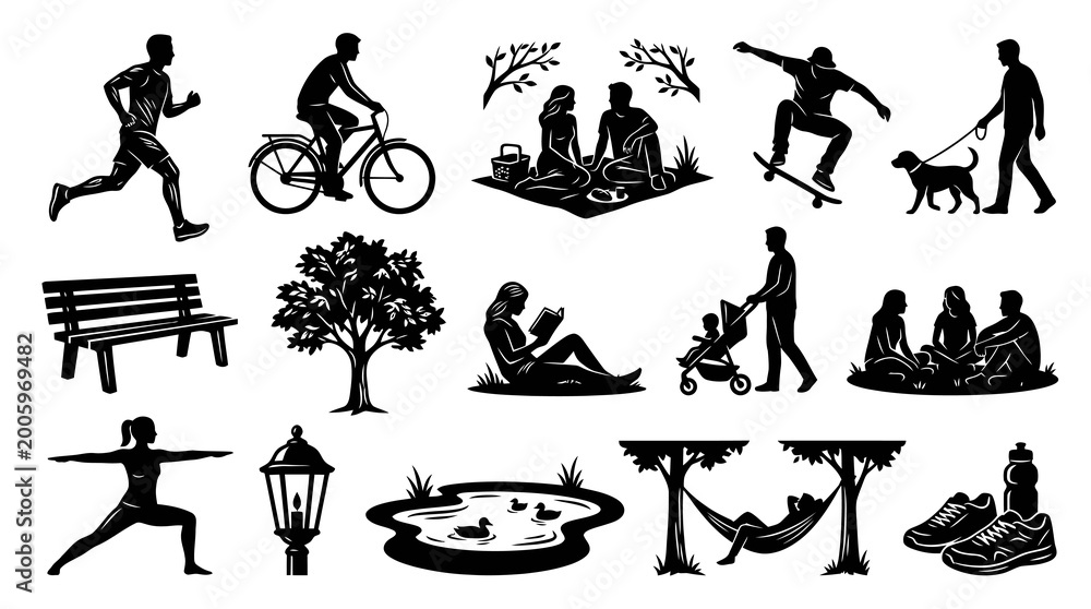 Fototapeta premium Outdoor Recreation Park Activities Black White Silhouette Vector Icons