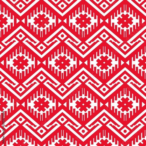 Red Tribal Seamless Pattern with Geometric Aztec Ornament and Ethnic Textile Background