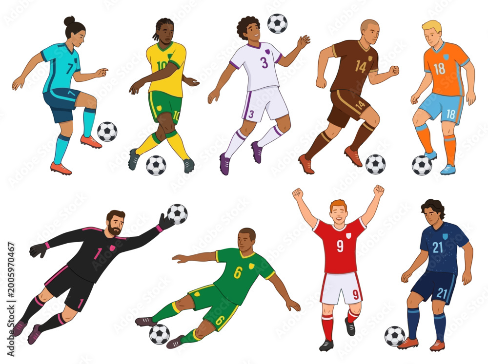 Fototapeta premium Dynamic Illustration of Soccer Players Performing Various Actions on the Field