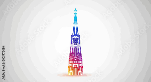Colorful St. Stephen's Cathedral spire outline illustration, Vienna landmark, abstract architectural design