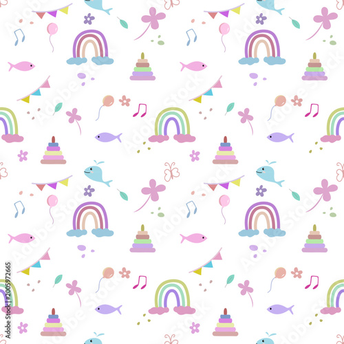 Adorable seamless pastel pattern with rainbows, whales, balloons and baby toys. Perfect for nursery fabric, wallpaper and kids decor.