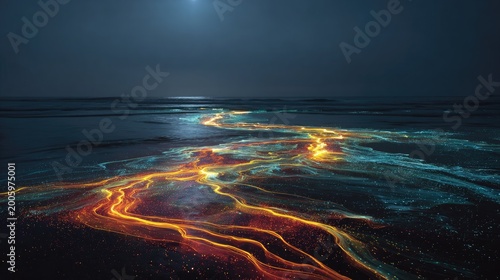 Glowing river of light flows across dark, misty ocean at night