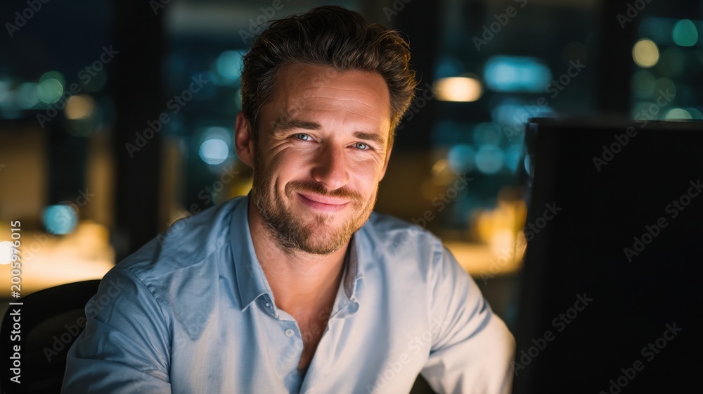 Obraz premium Confident businessman smiles in office at night with bokeh city lights background.