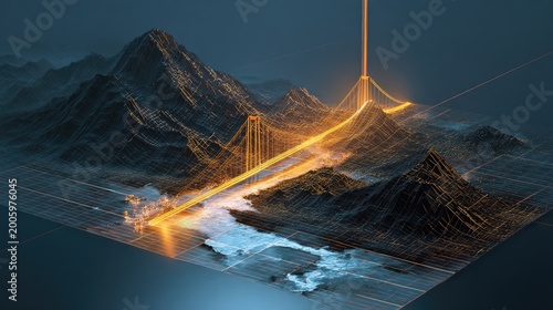 Wireframe mountains and glowing bridge over digital water