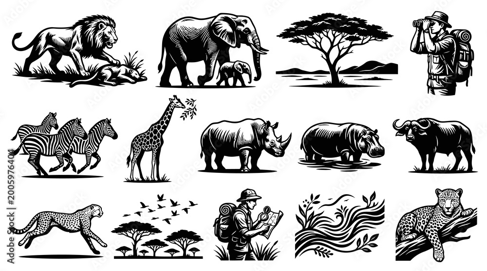 Fototapeta premium African Wildlife Silhouette Vector Pack: Safari Animals, Nature Explorer