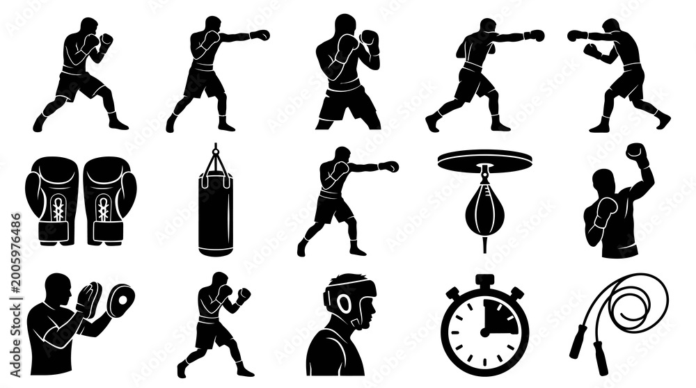 Obraz premium Black White Boxing Icons: Fighters, Gloves, Bag, Speed Bag, Timer, Rope