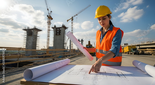Construction professional inspecting blueprints on a busy work site with cranes and structures in the background