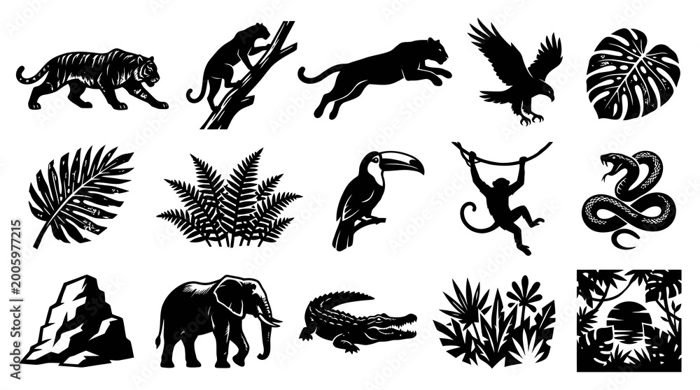 Fototapeta premium Wildlife Safari Jungle Animals Tropical Plants Black Silhouette Vector Icons