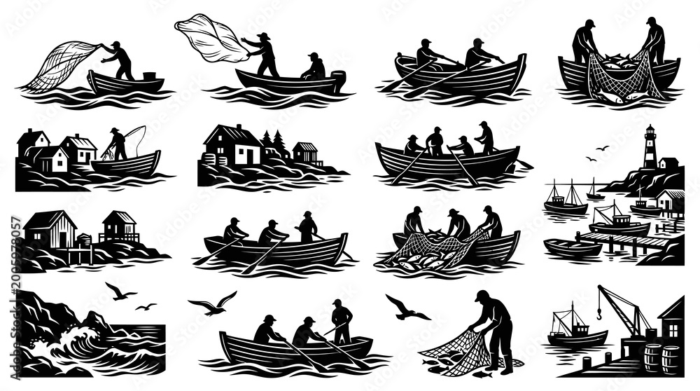Obraz premium Black White Woodcut Fishing and Maritime Vector Illustrations Set