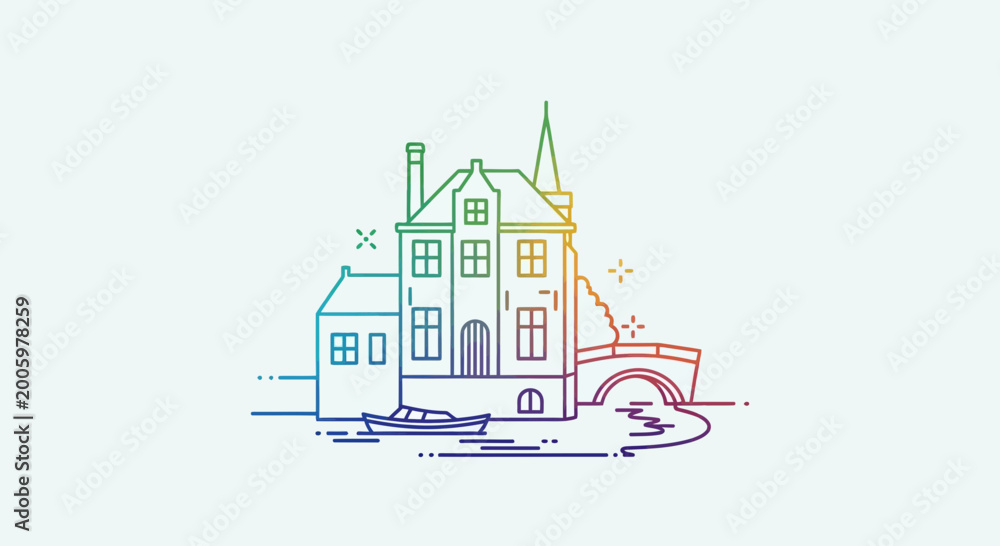 Obraz premium Charming European Canal House with Boat and Bridge, Minimalist Line Art, Rainbow Gradient