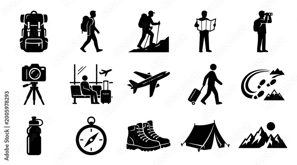 Obraz premium Black White Travel Icons Set: Backpack, Camera, Plane, Tent, Mountains