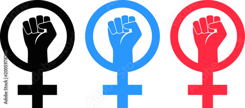 Iconic representation of the feminist movement with the female symbol combined with a raised fist. Three distinct colors: black, blue, and red, symbolizing solidarity and empowerment.
