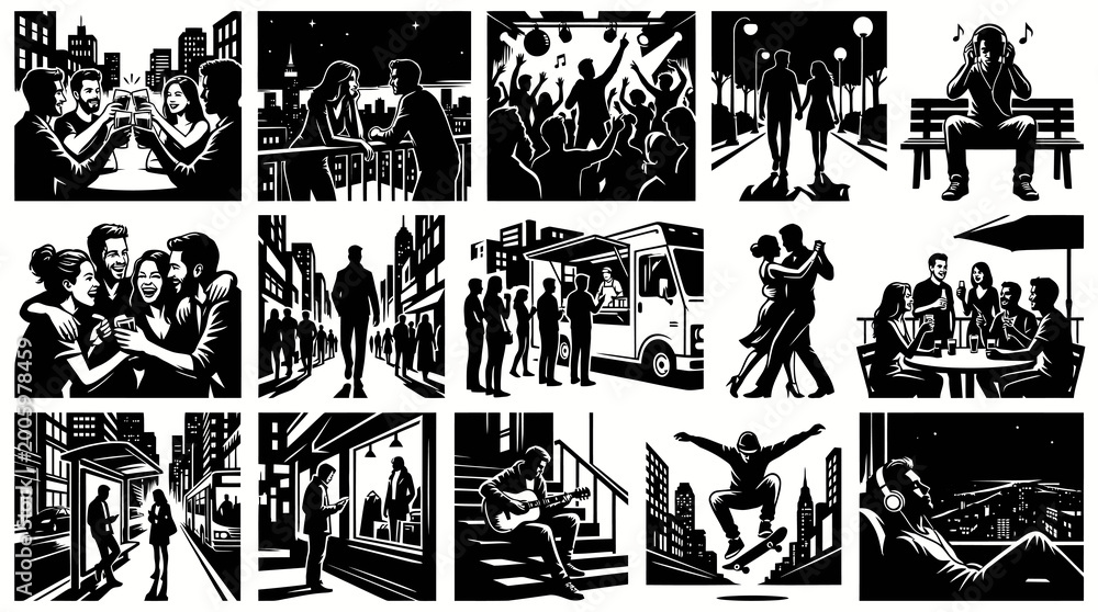 Fototapeta premium Black White Vector Art of People Enjoying City Life Social Events
