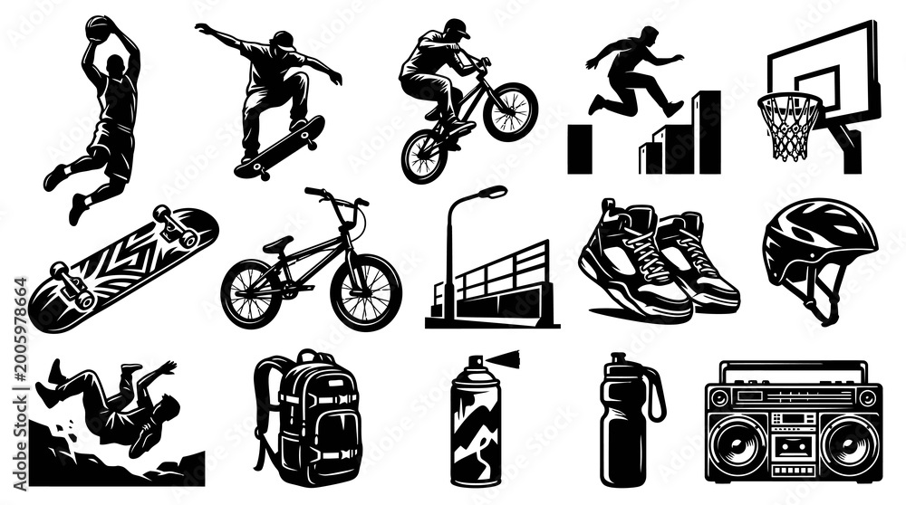Naklejka premium Black and White Vector Icons of Extreme Sports and Urban Lifestyle