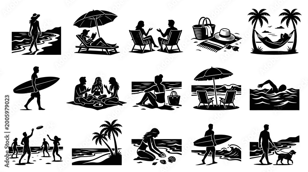 Obraz premium Black and White Beach Vacation Silhouettes - People Relaxing and Playing