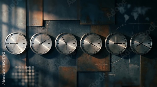 Row of Modern Silver Clocks on Industrial Metal Wall with Dark Background
