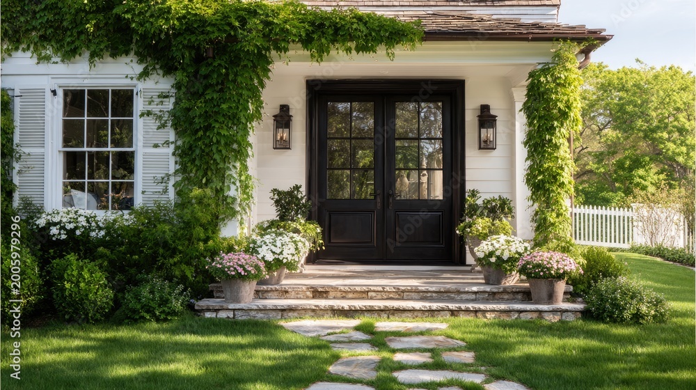 Fototapeta premium Charming white home with lush greenery and stone pathway