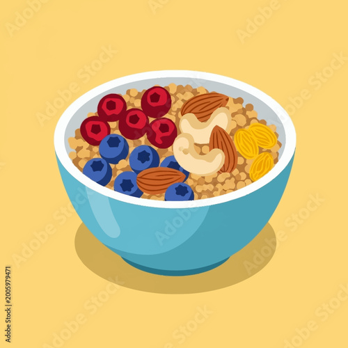 Fotografía A bowl of cereal with fruit and nuts.