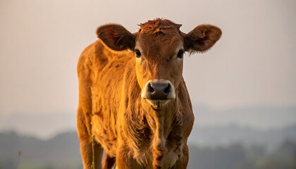 A brown cow stands in a field looking at the camera