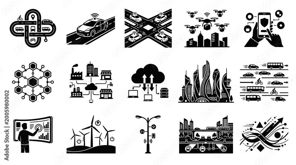 Fototapeta premium Smart City Technology Glyph Icons Set: Urban Planning, IoT, and Future Innovation Concepts