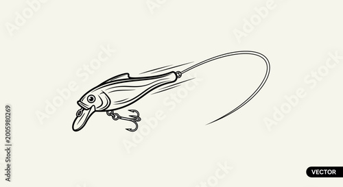 Fishing Lure Sketch, Realistic Fish Bait, Action Shot, Hand-Drawn Style, Vector Art