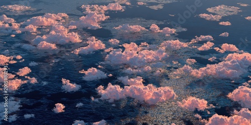Soft pink clouds drift over a dark, textured sea at sunset