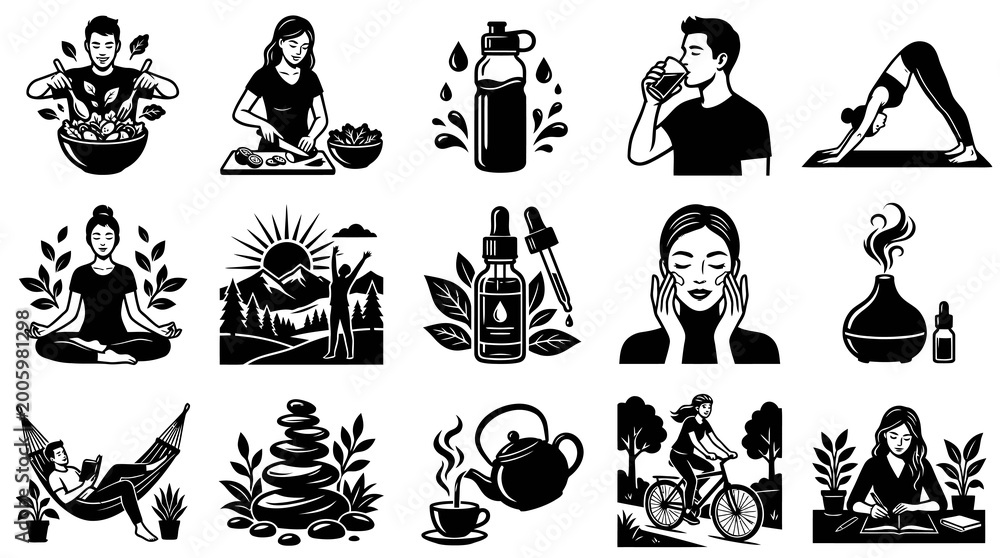 Fototapeta premium Wellness and Self-Care Icons: Yoga, Healthy Food, Hydration, Black and White