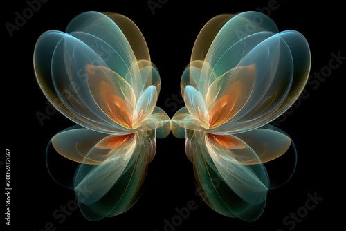 Abstract fractal butterfly symmetry colorful digital wings glowing fantasy light gradient luminous ethereal transparent pattern curve fluid motion surreal artistic illustration shape reflection