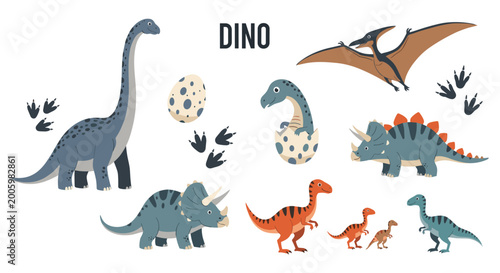 Set of various colorful dinosaur illustrations and elements like eggs and footprints including long neck and triceratops types.