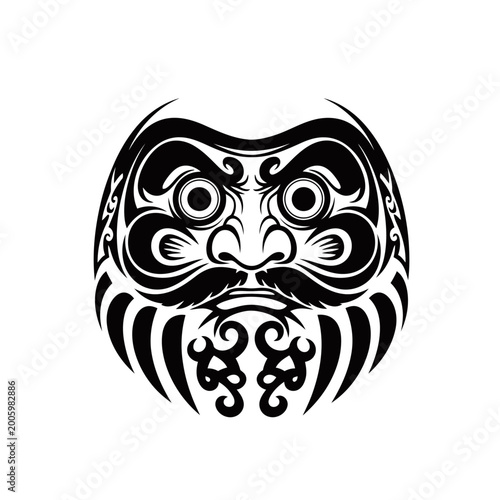 Stylized black and white illustration of a traditional Japanese Daruma doll with a determined expression, representing good luck and perseverance.