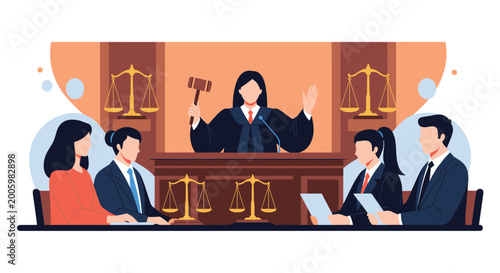 Detailed illustration of a courtroom scene showing a female judge at the bench with jury members and legal professionals.