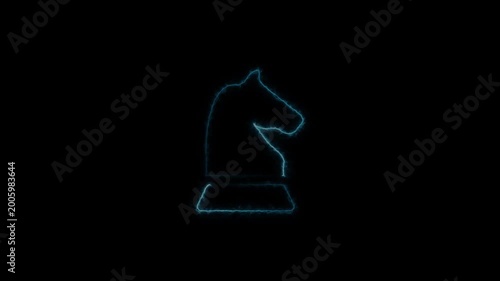 Neon blue knight chess piece rotating on black background, modern digital animation