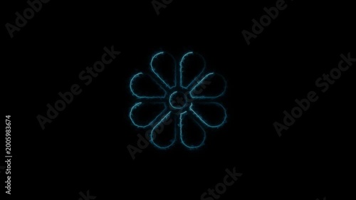 Glowing blue neon flower animation loop on black background, futuristic tech style rotation