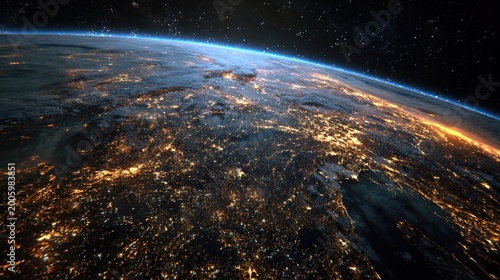 Earth from space at night, glowing with city lights