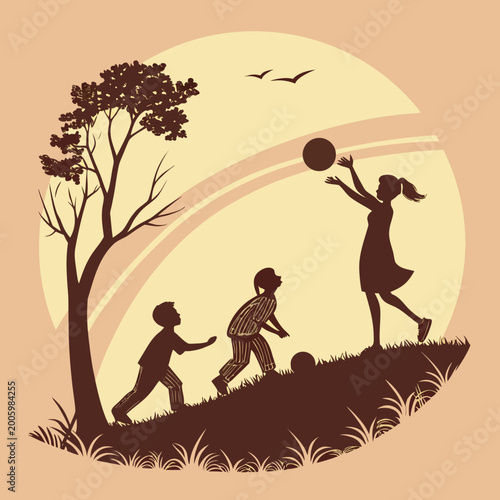 Quadro em tela Family playing ball on hill at sunset silhouette.
